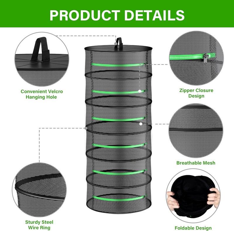 I-Power 2ft 6-Layer Herb Drying Rack Breathable Mesh Hanging Dryer with Zippers Foldable Heavy Duty Ring for Garden Plant, Free Storage Bag and Hook Included, 2 Packs - Image 4